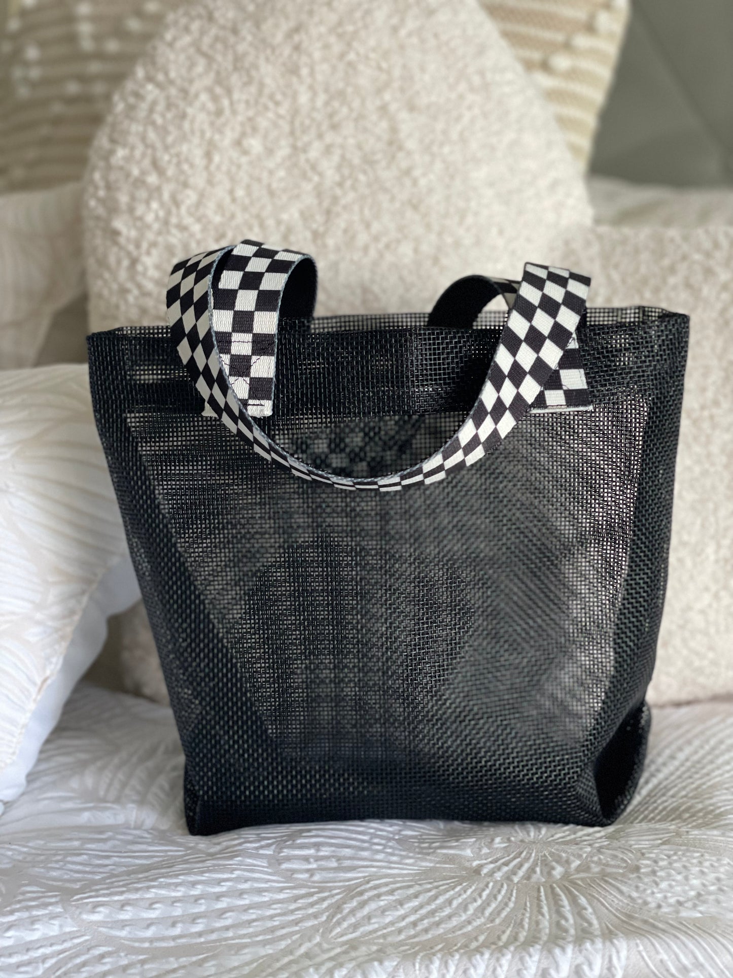 Mesh Handbag with Checkered straps